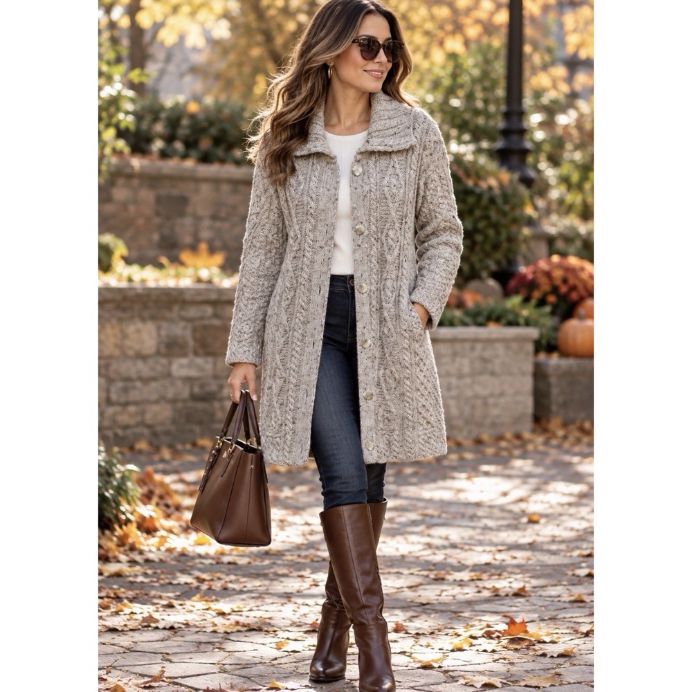 Kilronan Knitwear Wool Long Cable Knit Cardigan Sweater Womens XL Speckled Beige